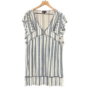 Artesia Blue White Stripe Ruffle Sleeve Embroidered Dress Size XL